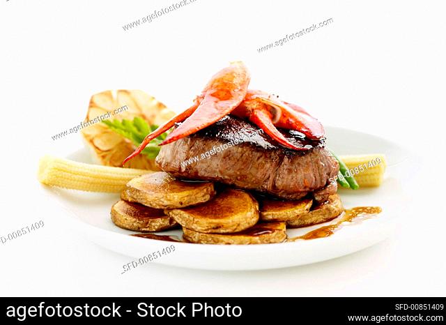 Barbecued beef steak with lobster claws