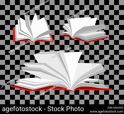 Open book isolated on checkered background. Vector set