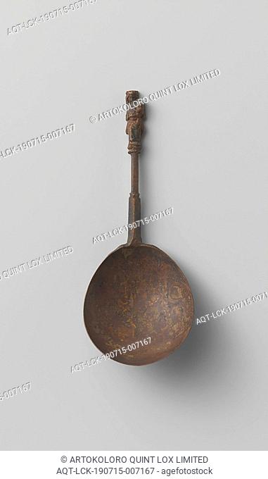 Spoon, the stem of which is crowned by a Virgin and Child, The cast spoon has a beaten oval bowl, a stem with a triangular attachment, passing into a pillar