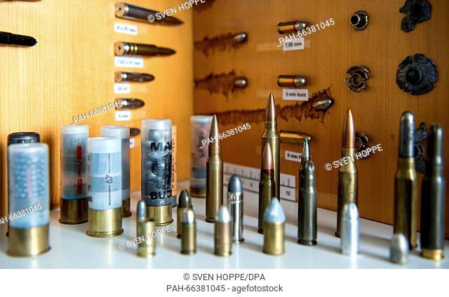Various bullets are on display in the weapons museum of the State Office of Criminal Investigations in Munich, Germany, 02 March 2016