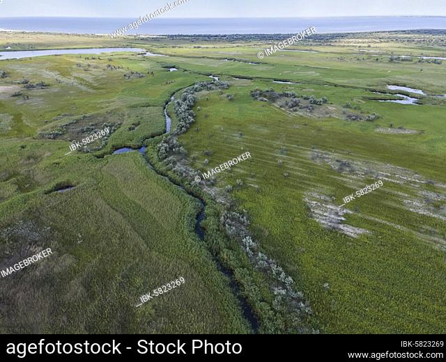 Aerial view on the Danube Biosphere Reserve in Danuble delta, Danube delta, Vylkove District, Odessa oblast, Ukraine, Europe