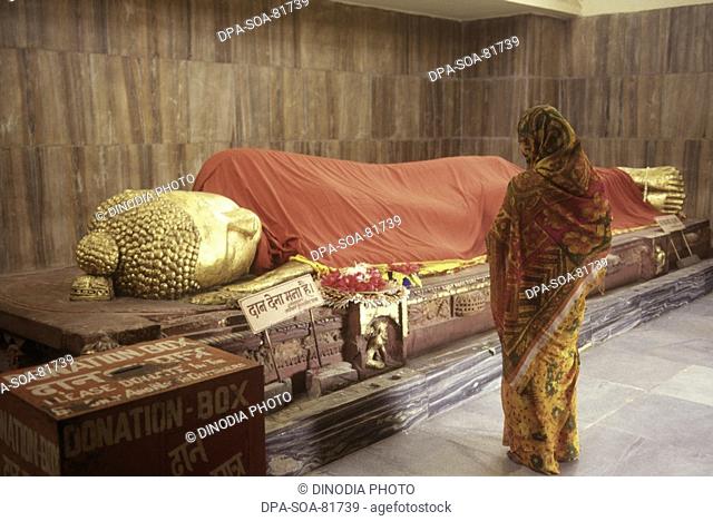 Reclining sleeping golden buddha , mahaparinirvan stupa , kushinagar , uttar pradesh , india