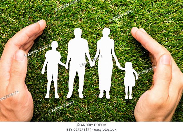 High Angle View Of Person Hand Protecting Family Papercut On Grass