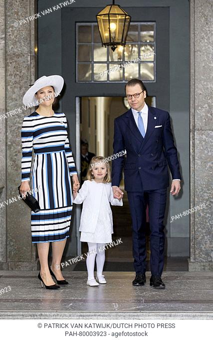 Crown Princess Victoria, Prince Daniel and Princess Estelle of Sweden attend the Te Deum mass at the royal chapel of the Royal Palace in Stockholm, Sweden