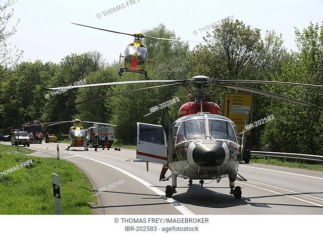 Three rescue helicopter at a road accident near Montabaur, Rhineland-Palatinate, Germany