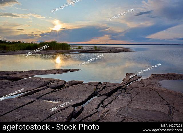 Lake, bathing place, rock, sunset, summer, Gaddesanna, Vänersborg, Vänern, Västra Götalands län, Vastra Gotaland, Sweden