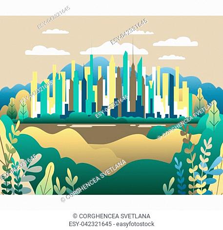 City landscape flat. Design urban illustration vector in simple minimal geometric style with buildings, lake flowers and trees abstract background for header...