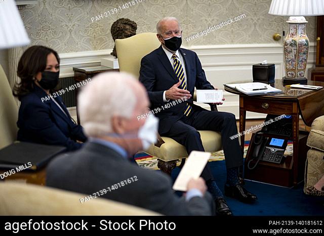 United States President Joe Biden and US Vice President Kamala Harris during a meeting with a bipartisan group of House and Senate members on U.S