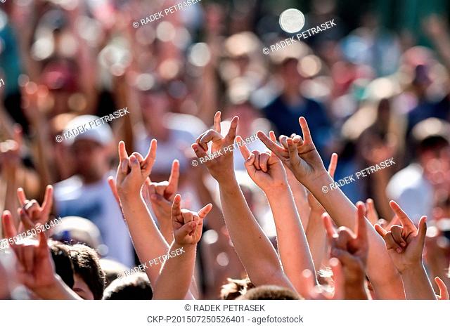 Fans gesture during the men's Four Cross JBC 4X Revelations race at the Mountain bike World Championships which takes place in Jablonec nad Nisou