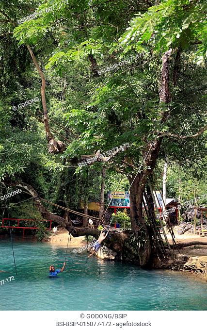 Tham Phu Kham Cave and Blue Lagoon. Vang Vieng. Swim in clear waters