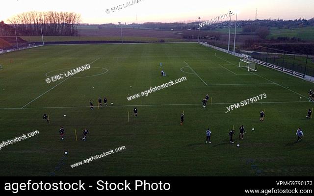 Aerial drone picture shows a training session of Belgium's national women's soccer team the Red Flames, in Tubize, Monday 13 February 2023