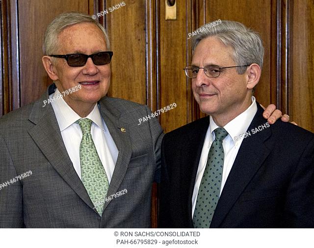 United States Senate Democratic Leader Harry Reid (Democrat of Nevada), left, Judge Merrick Garland, chief justice for the US Court of Appeals for the District...