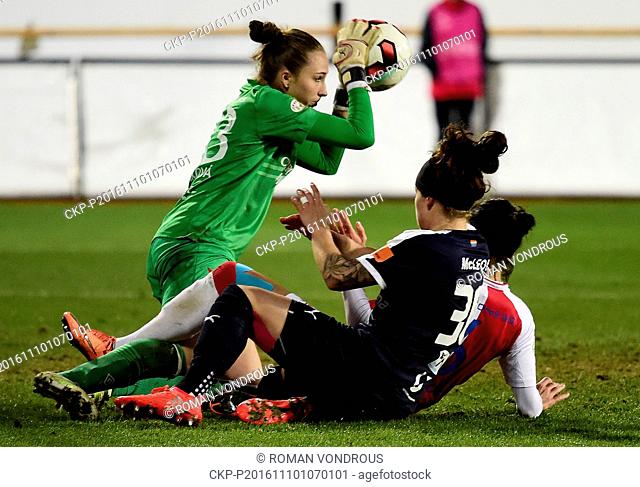 Slavia Praha goalie Barbora Votikova in action during the Women's football Champions' League opening round-of-16 match Slavia Praha vs Rosengard (Sweden) in...