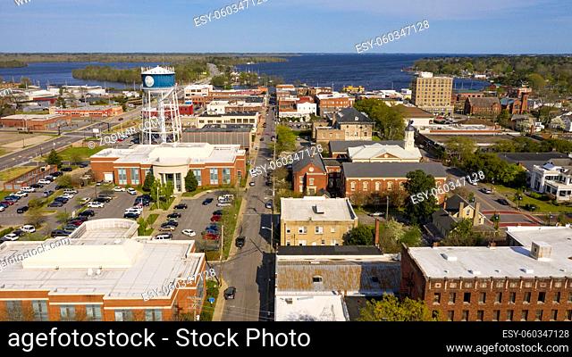 Aerial view of the picturesque downtown urban area of Elizabeth City North Carolina
