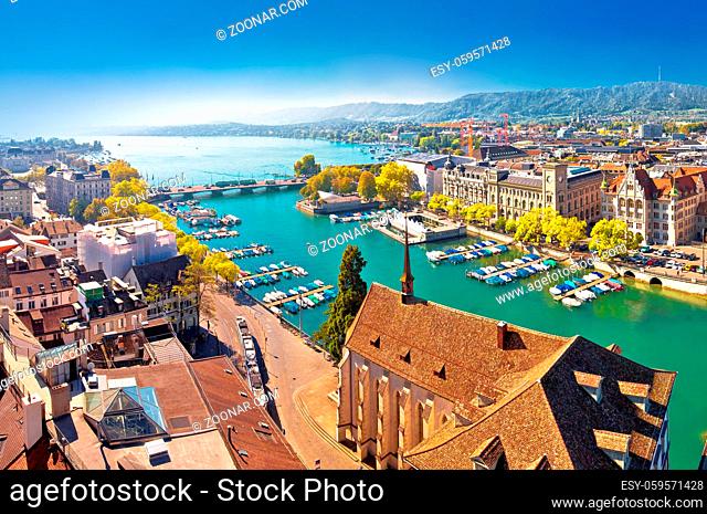Zurich lake and Limmat river waterfront aerial panoramic view, largest city in Switzerland