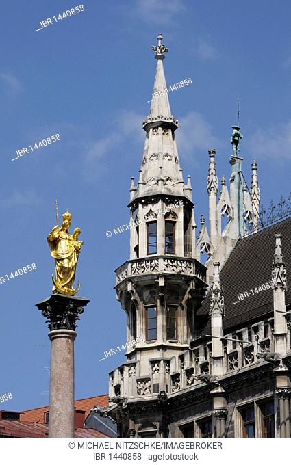Mariensaeule, Mary's Column, new town hall, Marienplatz Square, Munich, Bavaria, Germany, Europe