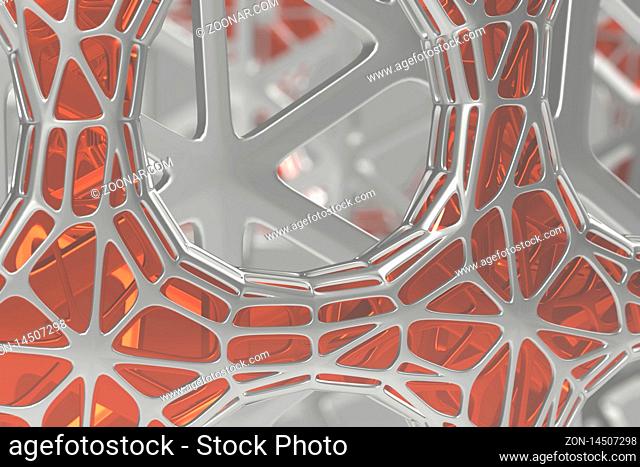 Abstract 3d rendering concept of high poly architecture with steel and glass, chaotic mesh grid cellular mulecular structure