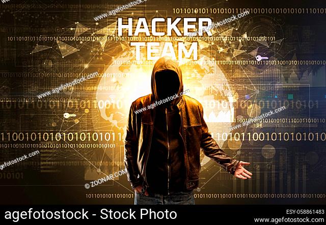 Faceless hacker at work with HACKER TEAM inscription, Computer security concept