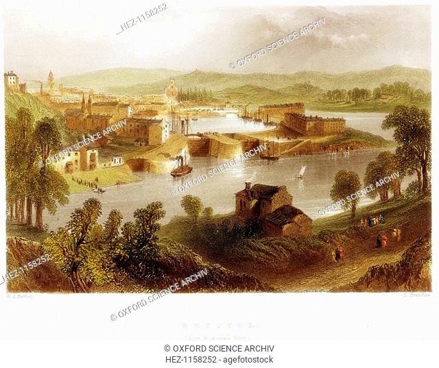 'Bristol from Rownham Ferry', 1841. This picture shows the locks leading into the docks from the tidal river Severn. Shipping is moored in the docks and which...