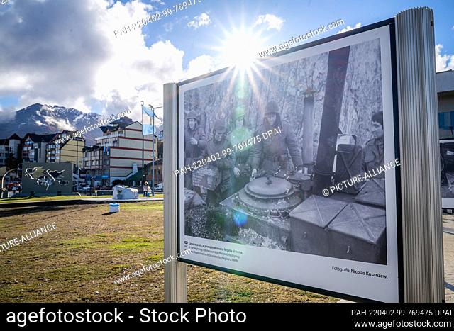 01 April 2022, Argentina, Ushuaia: A historic image of Falklands War is on display in the city center on the 40th anniversary of the start of the Falklands War