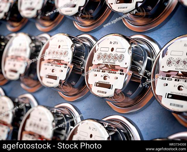 Electric meters in a row measuring power use. Electricity consumption concept. 3d illustration