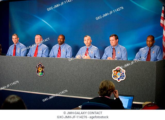 The STS-129 crew members are pictured during a preflight press conference at NASA's Johnson Space Center. From the left are astronauts Charles O