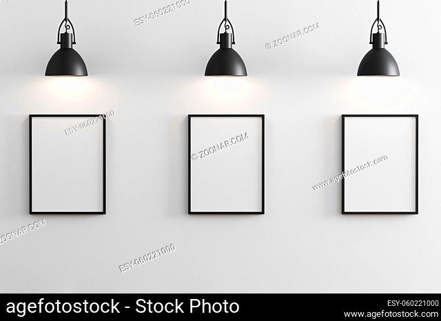 Three black vertical frames mockup with black pendant lights above and white wall, gallery concept, 3d rendering