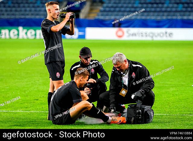 Zorya's Oleksandr Yatsyk looks injured, during a soccer game between Ukrainian FC Zorya Luhansk and Belgian KAA Gent, on day 1 of the group phase of the UEFA...