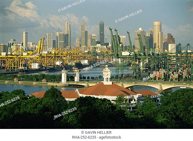 The city skyline and the world's busiest container port from Sentosa Island, Singapore, Southeast Asia, Asia