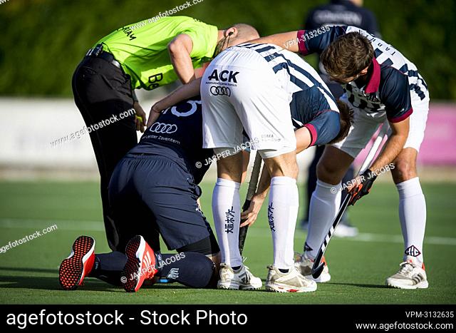 Oree's Jonathan Beckers and Herakles' Joan Tarres react during a hockey game between Oree and Herakles, on day ten of the Belgian Men Hockey League of the...