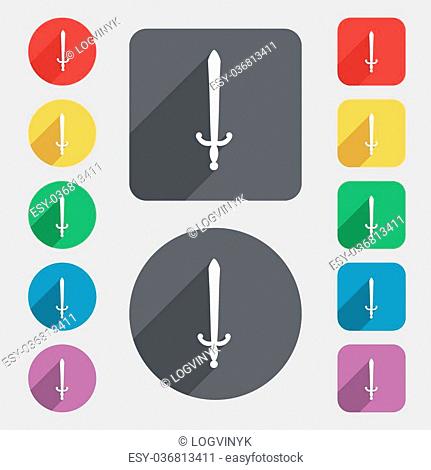 the sword icon sign. A set of 12 colored buttons and a long shadow. Flat design. Vector illustration