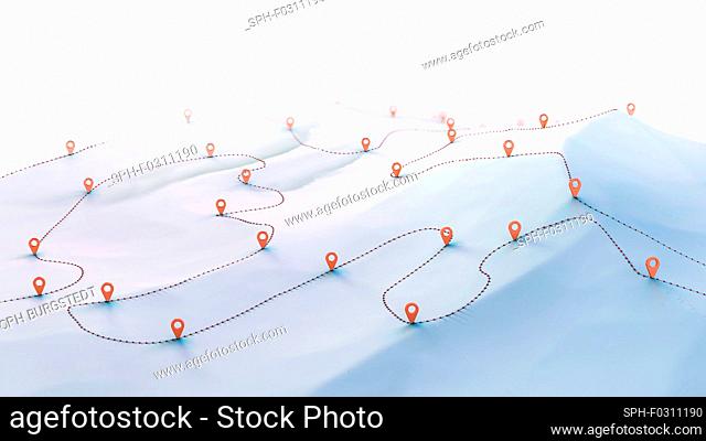 Overview of waypoints on a winding hiking trail through mountains, 3d illustration
