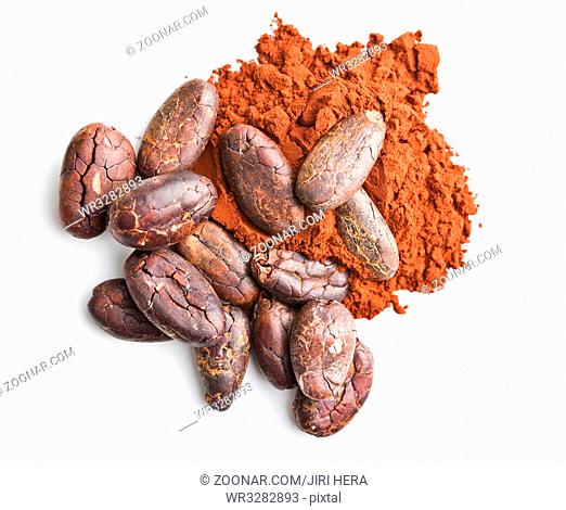 Tasty cocoa powder and beans isolated on white background