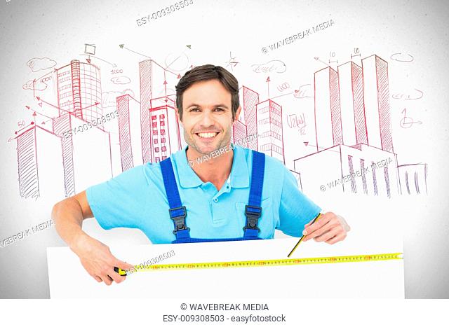 Composite image of happy carpenter measuring blank bill board