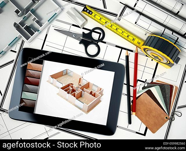 Home decorating tools standing on house bluprints. 3D illustration