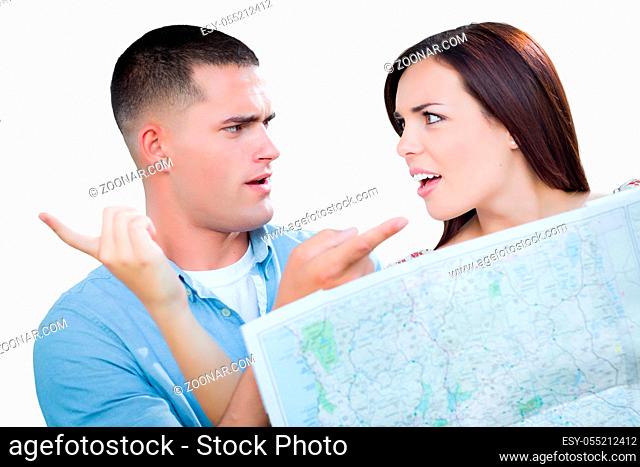 Young Lost and Confused Military Couple Looking at Map Isolated on White