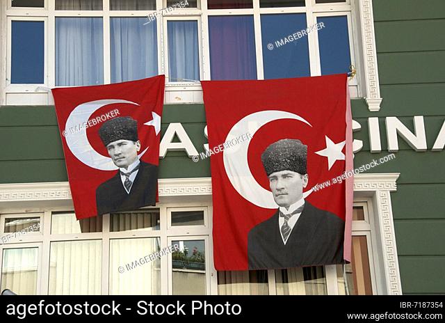 Flags on house facade on the anniversary of the death of the first president Kemal Atatürk (10 November 1938), Father of the Turks, Istanbul, Turkey, Asia