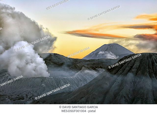 Indonesia, Java, Volcanos Bromo, Batok and Semeru in the morning