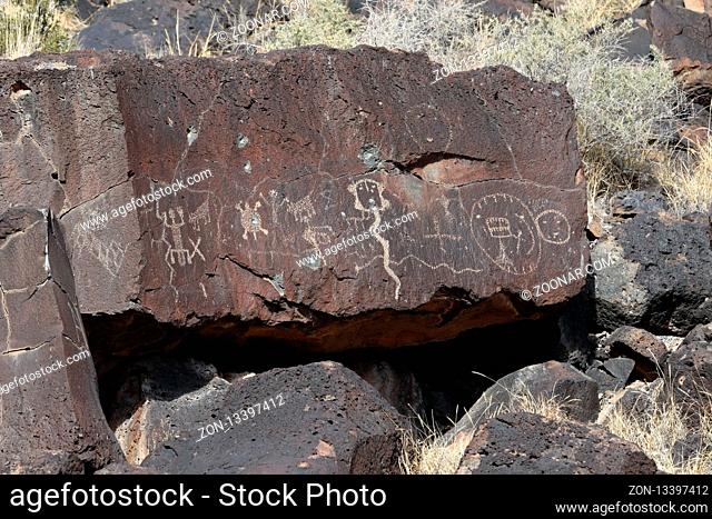 Ancient Native American rock art along the Rinconada Trail in Petroglyph National Monument, Albuquerque, New Mexico