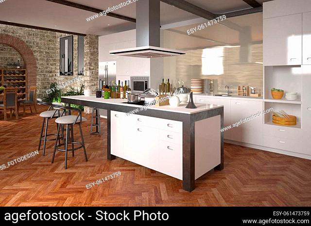 Modern luxury open-plan kitchen with a center island and built in appliances with white decor over a decorative herringbone parquet floor