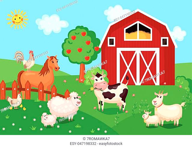 Farm animals and birds with barn house. Vector illustration, Stock Vector,  Vector And Low Budget Royalty Free Image. Pic. ESY-047198332 | agefotostock