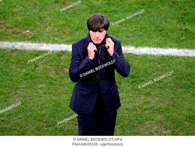 Germany's head coach Joachim Loew seen during the World Cup qualifier soccer match between Germany and the Czech Republic in the Volksparkstadion stadium in...