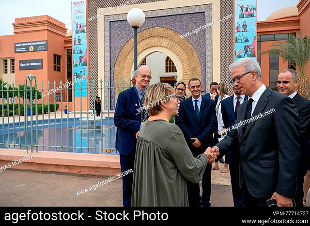 Minister for Development Cooperation and Metropolitan Policy Caroline Gennez and Official envoy of King Mohammed VI Karim Kassi-Lahlou shake hands ahead of a...