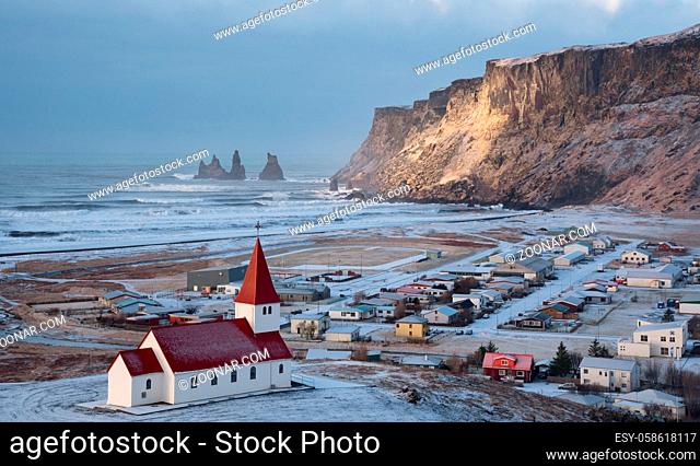 Vik Icelandic village in the Southeast Iceland covered in Snow in Spring