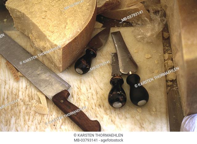Parmesan, detail, cheese knives   Food, food, food, milk product, dairy product, cheese, hard cheese, loaf, cheese loaf, knives, special knife, concept, roughly