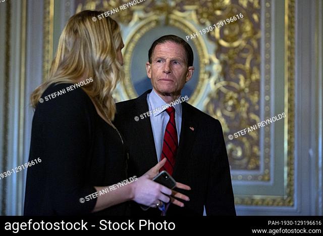 United States Senator Richard Blumenthal (Democrat of Connecticut) speaks to members of the media in the Reception Room of the United States Capitol in...