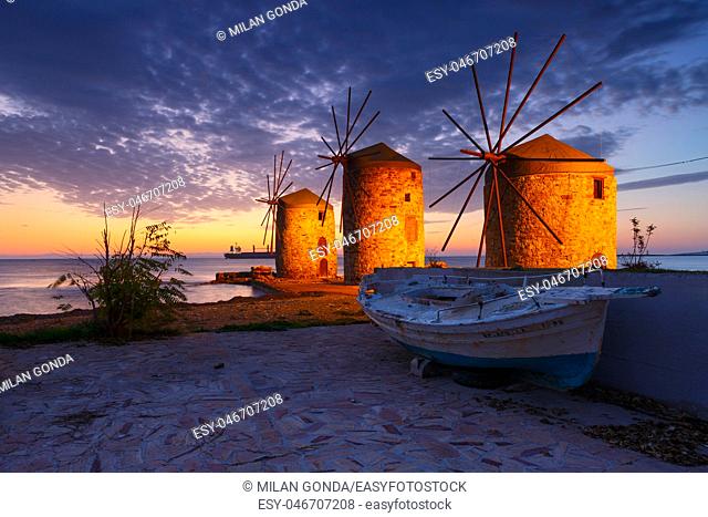 Blue hour image of the iconic windmills in Chios town.