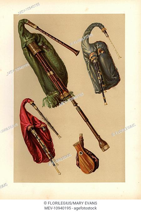 Northumbrian bagpipes and Lowland Scotch bagpipe. Chromolithograph from an illustration by William Gibb from A.J. Hipkins' Musical Instruments, Historic