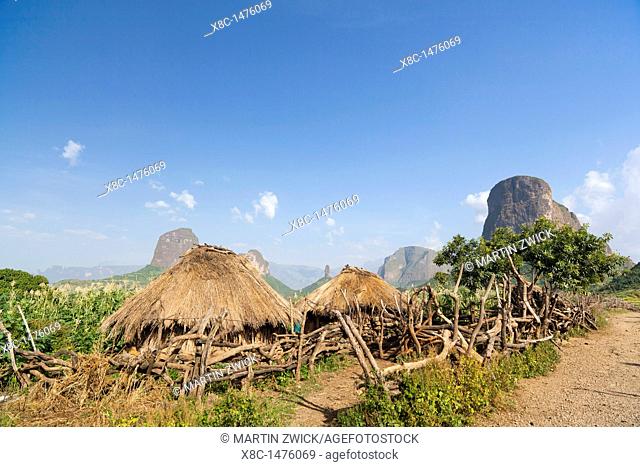 The village of Mulit  Landscape of the buttes of Mulit near the Escarpment of the Simien Mountains at about 2000m during the end of the rainy season close to...