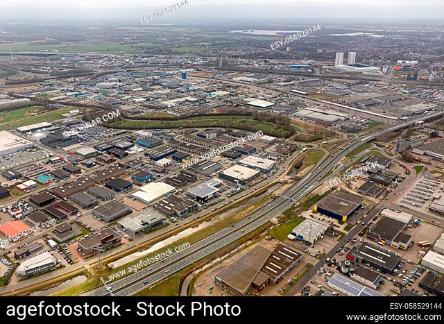Aerial view skyline city of Goningen with industrial park, The Netherlands